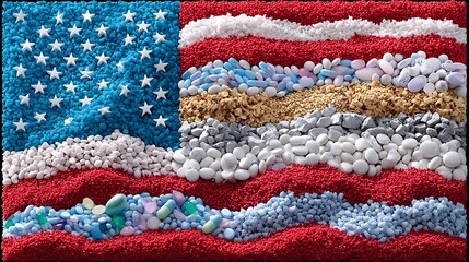 Colorful American Flag Made of Candy and Decorative Elements in Red, White, and Blue Sands