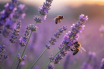 Bees flying above vibrant lavender field in warm golden light, wings glowing in sunlight,