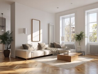Fototapeta premium A living room with a white couch, a coffee table, and a potted plant