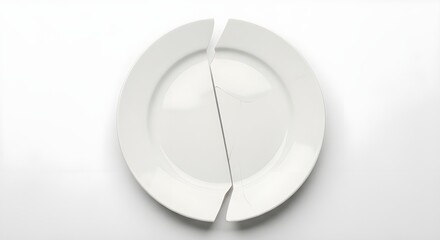 Fragile white plate shattered into two pieces on a clean white background representing failure or accident