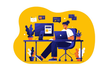 A person working on a laptop and monitor at a desk