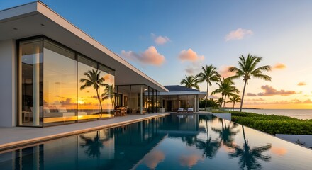 Fototapeta premium Stunning modern villa with infinity pool overlooks ocean sunset, tropical paradise luxury living