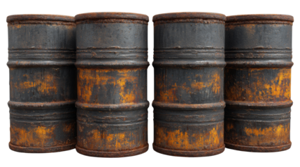 Four textured industrial barrels with aged aesthetics, standing in a row on an isolated clear area