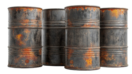 Aged industrial drums with signs of corrosion and degradation on an isolated background