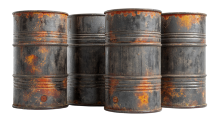 Aged industrial drums with signs of corrosion and degradation on an isolated background