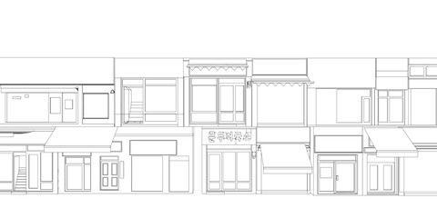 Row of Asian shop houses with detailed contour line drawing, featuring windows and doors.