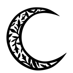 A black crescent moon silhouette adorned with intricate leafy vine patterns.