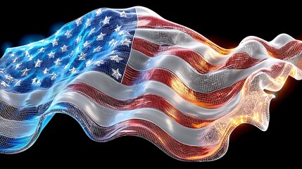 Waving American Flag with Digital Effects and Light Reflections on a Dark Background