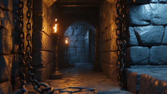 Ancient stone dungeon corridor with burning torch light chains on walls and mysterious medieval passage creating dark atmospheric environment