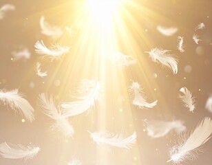 神秘的な黄金の光が降り注ぐ様子　天使の羽が舞う　神聖　スピリチュアル　癒しのエネルギー