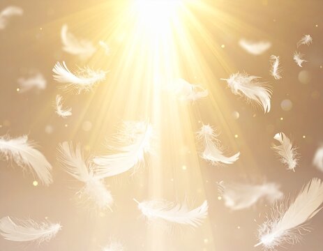 神秘的な黄金の光が降り注ぐ様子　天使の羽が舞う　神聖　スピリチュアル　癒しのエネルギー