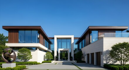 Fototapeta premium Stunning modern luxury mansion with expansive glass windows and manicured landscaping under clear blue sky