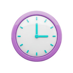 A vibrant, 3D rendered, round clock, displaying a specific time, with a purple frame and turquoise hands.