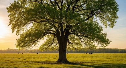 Obraz premium Majestic oak tree in sunlit pasture with grazing cows at sunset