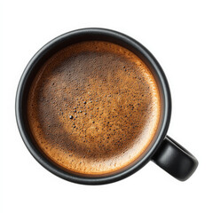 Black ceramic mug filled with rich, invigorating coffee, presented clean, isolated top view