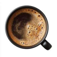 Black ceramic coffee mug, hot beverage, invigorating aroma, flat lay, isolated white background