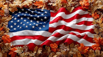 Vibrant American Flag Surrounded by Autumn Leaves in a Festive Fall Display