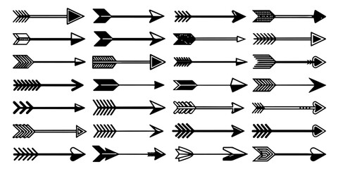 Arrow icon set, arrow cursor collection, different arrow signs, black arrows icons. Modern simple arrows. Black arrow pointing to the right. Black direction pointer. Vector illustration.