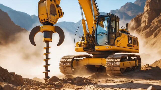 Heavy yellow excavator with large auger drill attachment working on rocky construction site in dusty mountain landscape under bright sunlight