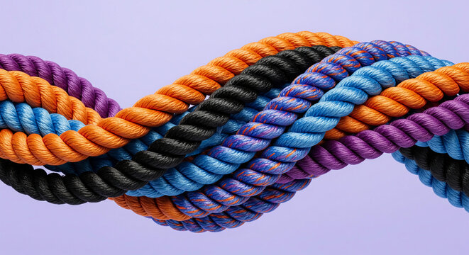 The compelling concept of effective teamwork is beautifully illustrated by a collection of vibrant, intertwined ropes, symbolizing a cohesive team striving for a shared goal