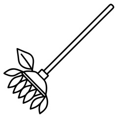 Minimalist line art of a rake gathering autumn leaves