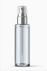 Clear cosmetic spray bottle with elegant silver pump offers refreshing mist