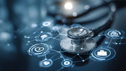 Medical technology concept.  Stethoscope on a dark surface with digital health icons