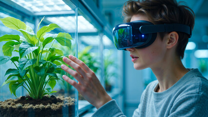 Person Wearing a VR Headset Interacting with a Plant