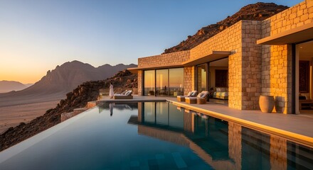 Obraz premium Stunning desert villa with infinity pool and mountain views at golden hour luxury escape