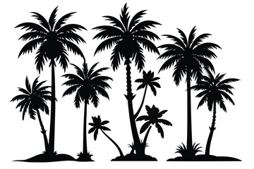 A graphic design featuring several detailed silhouettes of tropical palm trees against a plain white background.