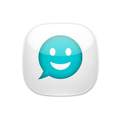 Happy speech bubble icon, glossy, teal, communication, positive feedback.