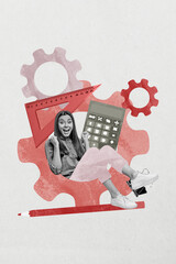 Trendy art image pop vertical collage of happy businesswoman businessman receive promotion success aim achievement gearwheel