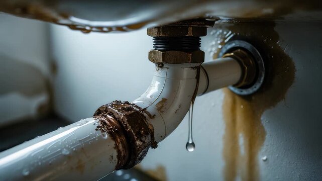 Leaking rusty metal water pipe under sink with dripping drop and corrosion damage creating plumbing problem and household maintenance issue