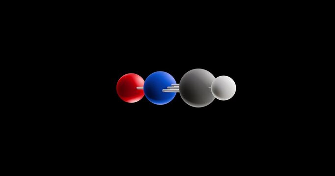 Fulminic acid molecule, rotating 3D model of isomer of isocyanic acid, looped video on a black background
