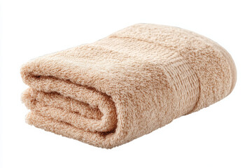 Soft fluffy beige bath towel, neatly folded, provides comfort and freshness