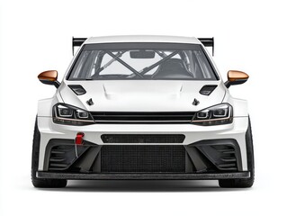 A sleek, white race car, boasting aggressive styling and performance-enhancing features, is highlighted against a pure white backdrop.