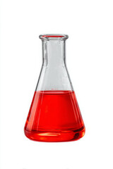 Vibrant red liquid fills clear glass Erlenmeyer flask for fascinating chemistry experiment