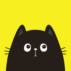 Cute peeking black cat kitten silhouette icon. Funny kawaii animal. Smiling face. Cute cartoon pet baby character. Greeting card. Sticker print. Childish style Flat design. Yellow background. Vector