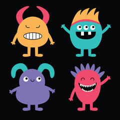 Happy Halloween. Funny monster set. Cute cartoon character. Colorful silhouette monsters. Kawaii face with teeth, horns, eyes, hands. Childish baby collection. Flat design. Black background. Vector