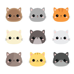 Cute cat round icon set. Kitten, kitty face. Different breeds, patterns, colors, emotions. Cartoon kawaii funny baby character. Sticker print. Kids collection. Flat design. White background. Vector