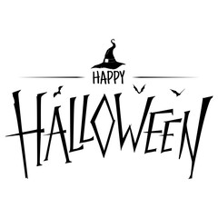 A black and white graphic design wishing a 'Happy Halloween' with spooky lettering, a witch's hat, and flying bat silhouettes.