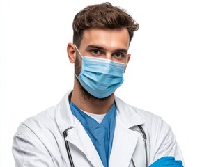 A confident medical professional, wearing a protective face mask and gloves, presents a composed and reassuring presence against a plain white background.