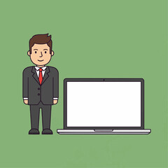 Businessman standing next to a laptop computer.