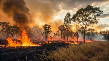 Naklejka premium A forest fire has engulfed vegetation, threatening the ecosystem. Trees and grass are burning, the air is filled with smoke. Relevant to the topics of ecology, disasters and climate.