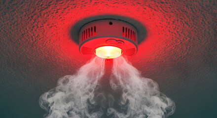 Smoke detector alarming showing smoke signaling fire danger in residential building safety