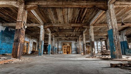 Abandoned factory interior, weathered wood, and faded paint