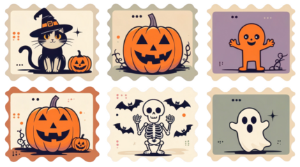 Six vintage stamp-style panels featuring cute Halloween scenes: cat in a hat, pumpkin, demon, skeleton, bats, and a ghost. Retro palette and clean lines. Great for prints.