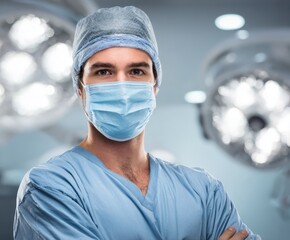 A serious male medical professional in a light blue scrubs uniform, wearing a sterile cap and mask,  stands in an operating room setting.
