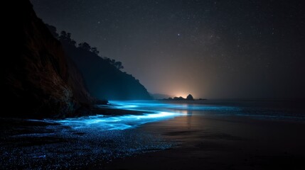 Obraz premium A calm beach illuminated by stars and bioluminescent waves, surreal natural style, 