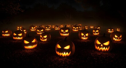 Spooky jack-o'-lanterns glow ominously in a dark forest setting on Halloween night
